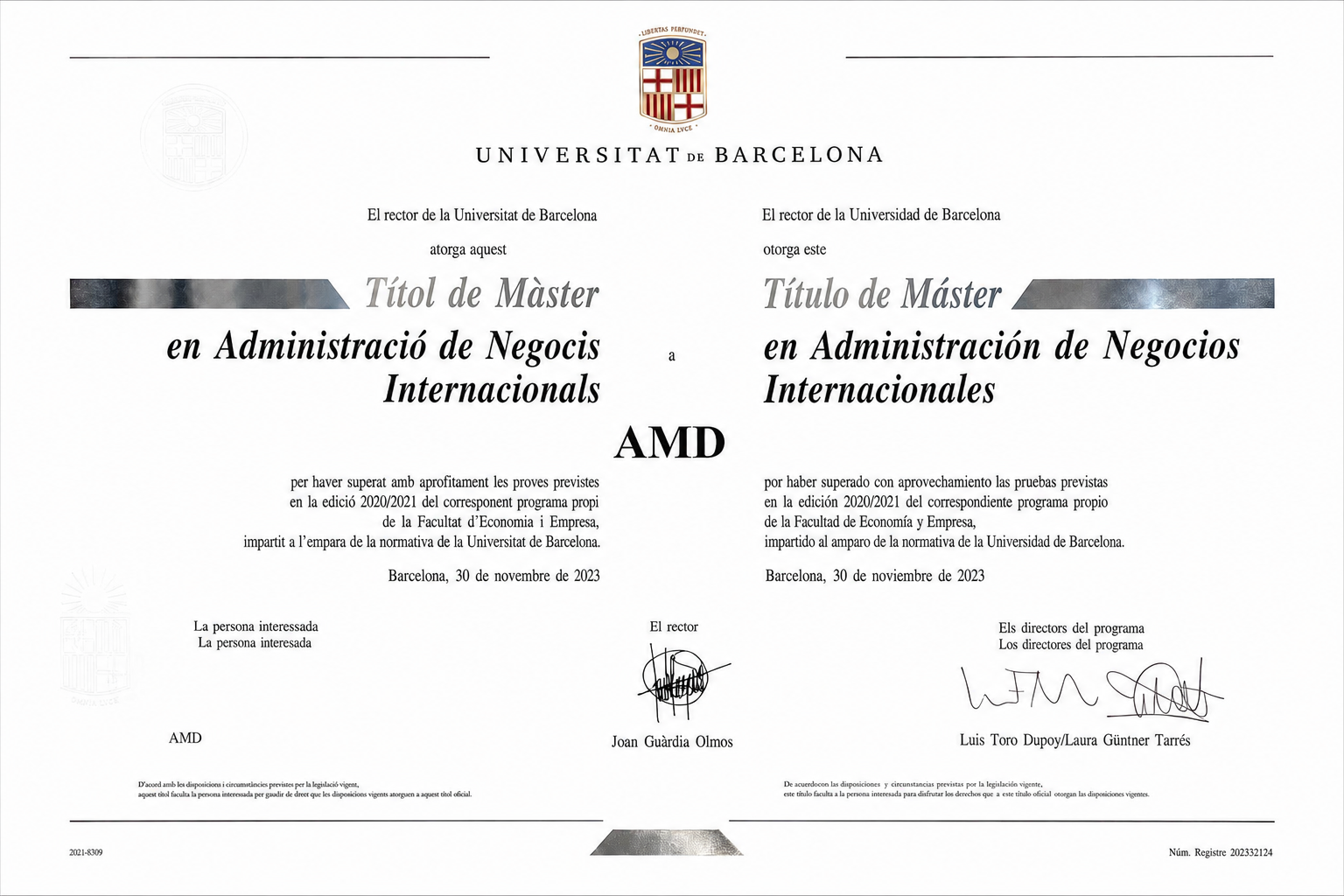 Diploma del Máster en Administración de Negocios Internacionales de la Universidad de Barcelona a nombre de AMD