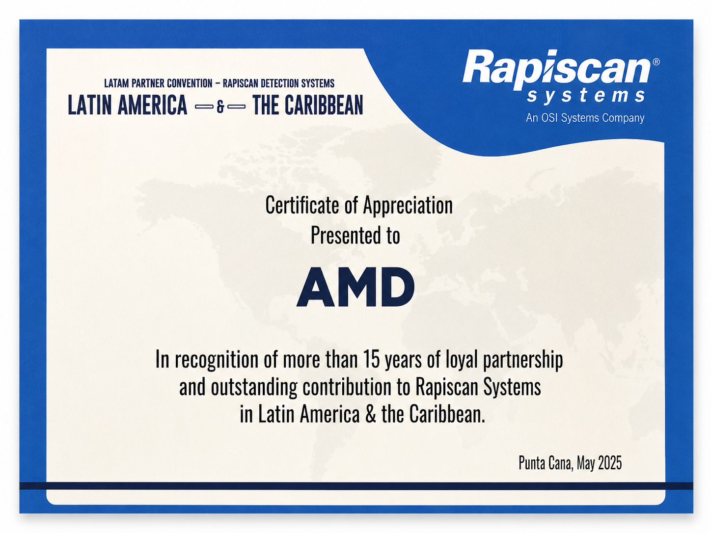 Certificado de reconocimiento de Rapiscan Systems a AMD Import